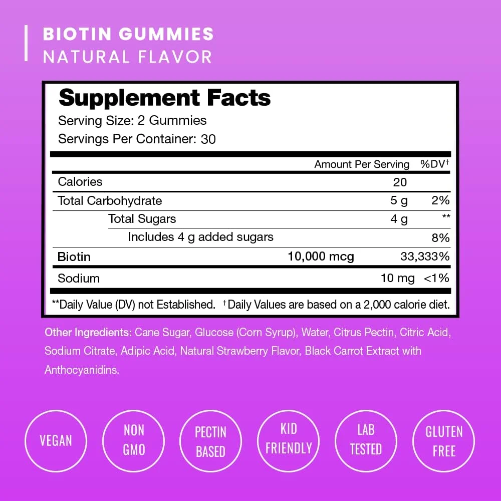 NutraChamps Biotin Gummies 10,000mcg [Highest Potency] for Healthy Hair, Skin & Nails for Adults & Kids - 5000mcg in Each Gummy Vitamin - Vegan, Non-GMO, Pectin-Based Hair Growth Supplement