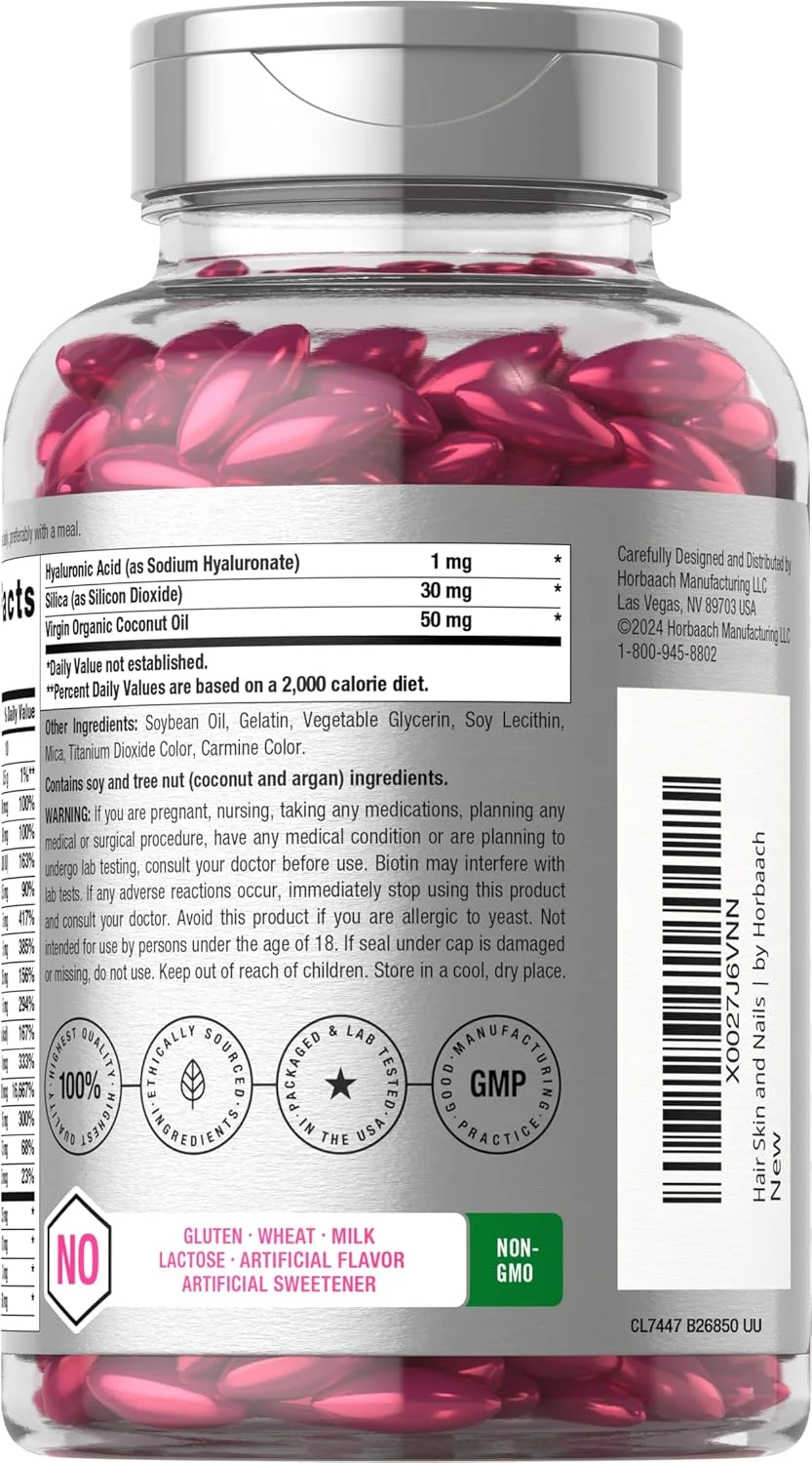 Horbäach Hair Skin and Nails Vitamins | 300 Softgels | with Biotin and Collagen | Infused with Argan Oil and Coconut Oil | Non-GMO, Gluten Free Supplement | by