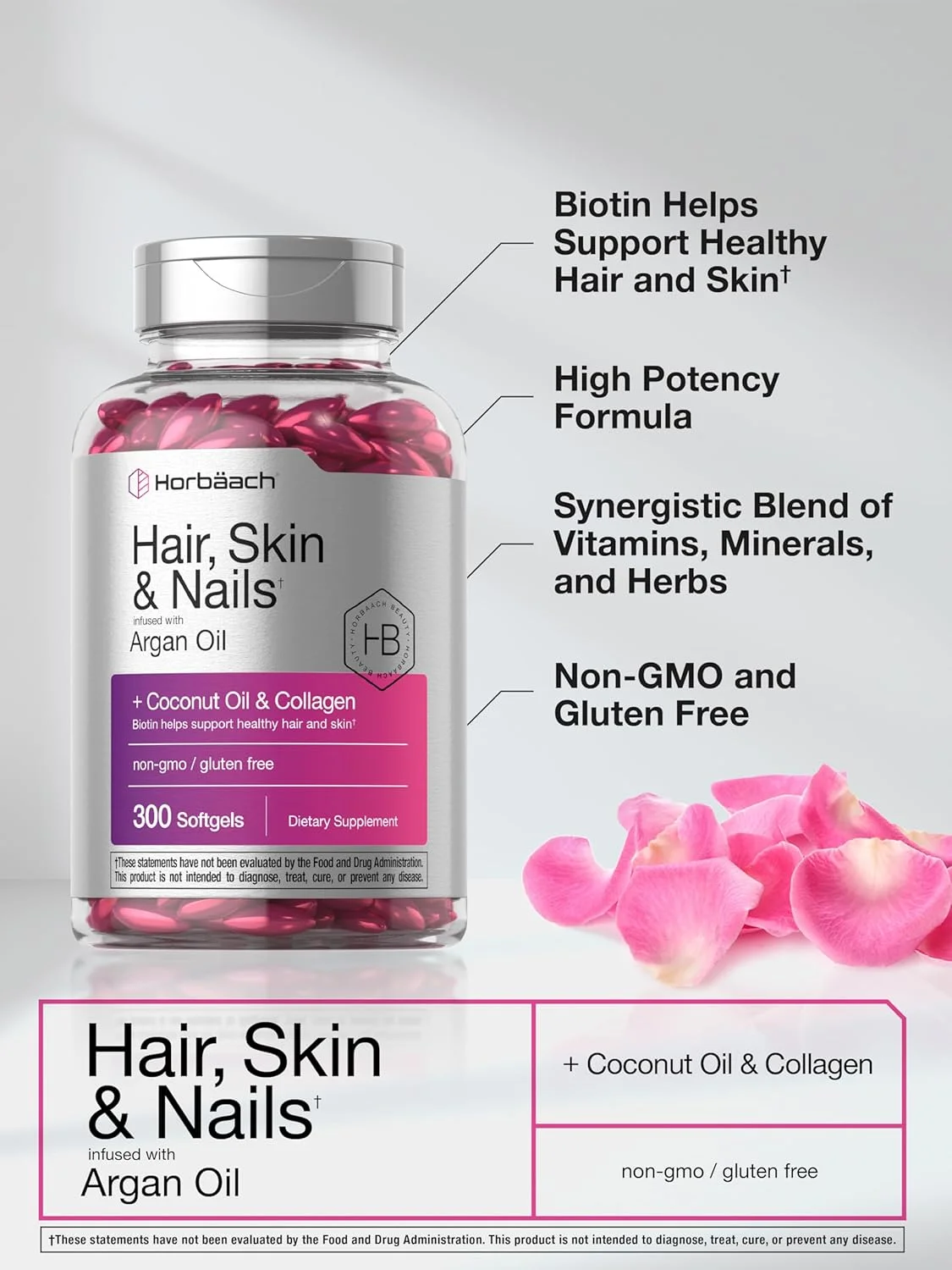 Horbäach Hair Skin and Nails Vitamins | 300 Softgels | with Biotin and Collagen | Infused with Argan Oil and Coconut Oil | Non-GMO, Gluten Free Supplement | by
