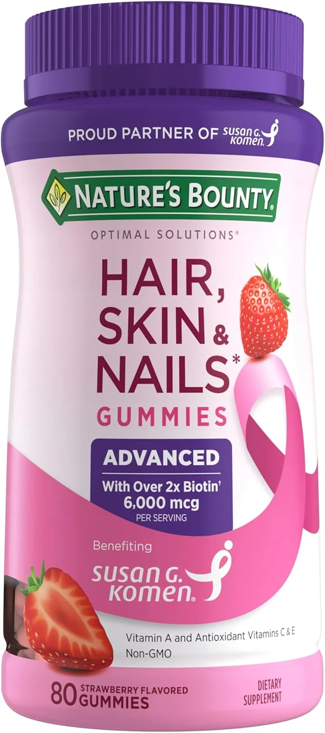 پاستیل های تقویت کننده مو، پوست و ناخن Nature's Bounty Optimal Solutions، حاوی 2 برابر بیوتین، 80 پاستیل توت فرنگی، 40 سروینگ