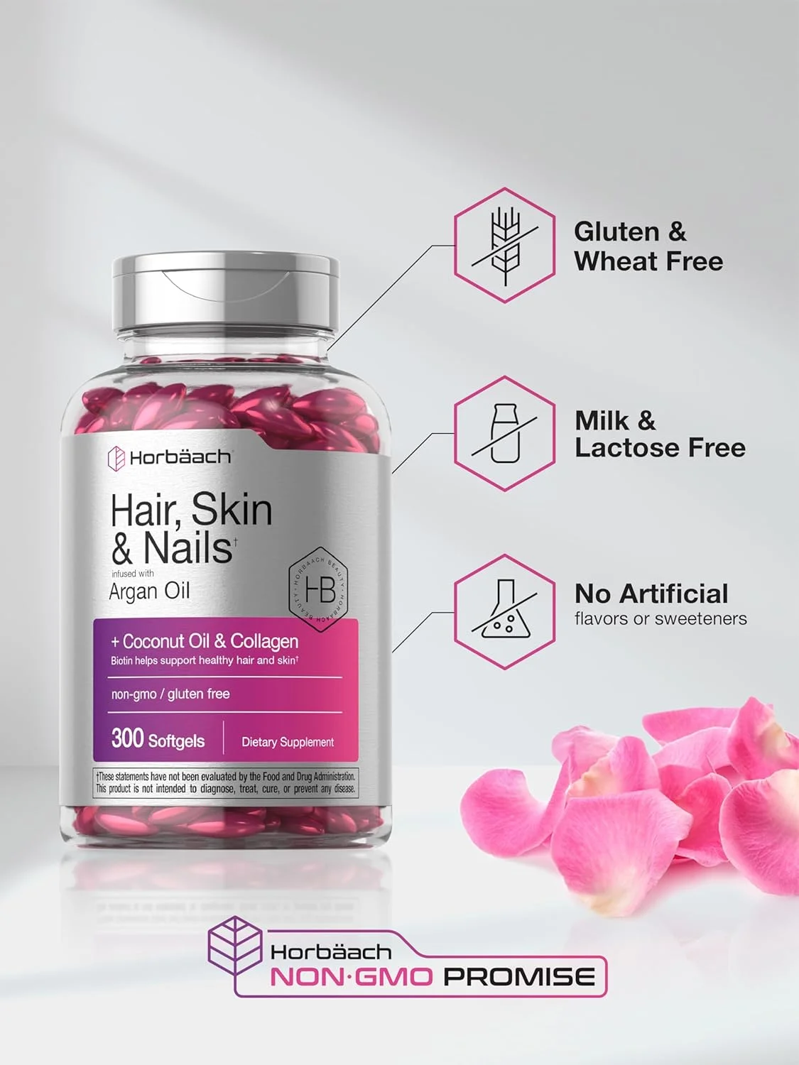 Horbäach Hair Skin and Nails Vitamins | 300 Softgels | with Biotin and Collagen | Infused with Argan Oil and Coconut Oil | Non-GMO, Gluten Free Supplement | by