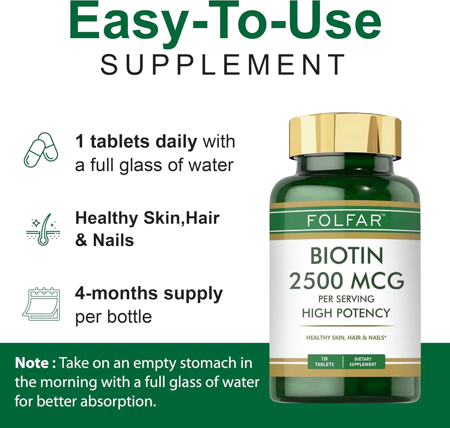 Folfar Biotin 2500mcg - 120 Tablets | High Potency for Hair Growth, Stronger Nails & Radiant Skin | Supports Energy & Collagen Production for Youthful Appearance | Metabolism & Cellular Health Folfar Biotin 2500mcg - 120 Tablets | High Potency for Hair Growth, Stronger Nails & Radiant Skin | Supports Energy & Collagen Production for Youthful Appearance | Metabolism & Cellular Health