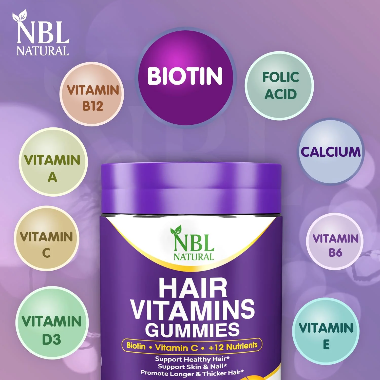 مکمل ویتامین های طبیعی مو NBL، 60 پاستیل، حاوی ویتامین C، بیوتین و اسید فولیک، پشتیبانی از رشد مو، جلوگیری از ریزش مو، سلامت مو، پوست و ناخن | مکمل مولتی ویتامین مو برای آقایان و بانوان مکمل ویتامین های طبیعی مو NBL، 60 پاستیل، حاوی ویتامین C، بیوتین و اسید فولیک، پشتیبانی از رشد مو، جلوگیری از ریزش مو، سلامت مو، پوست و ناخن | مکمل مولتی ویتامین مو برای آقایان و بانوان
