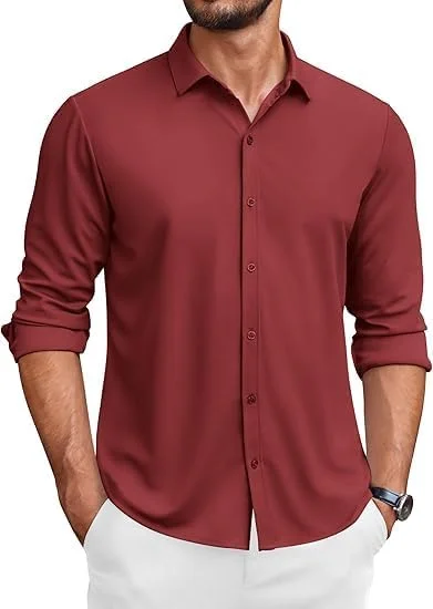 COOFANDY Men's Untucked Wrinkle Free Shirt Casual Long Sleeve Button Down Shirts Wine Red
