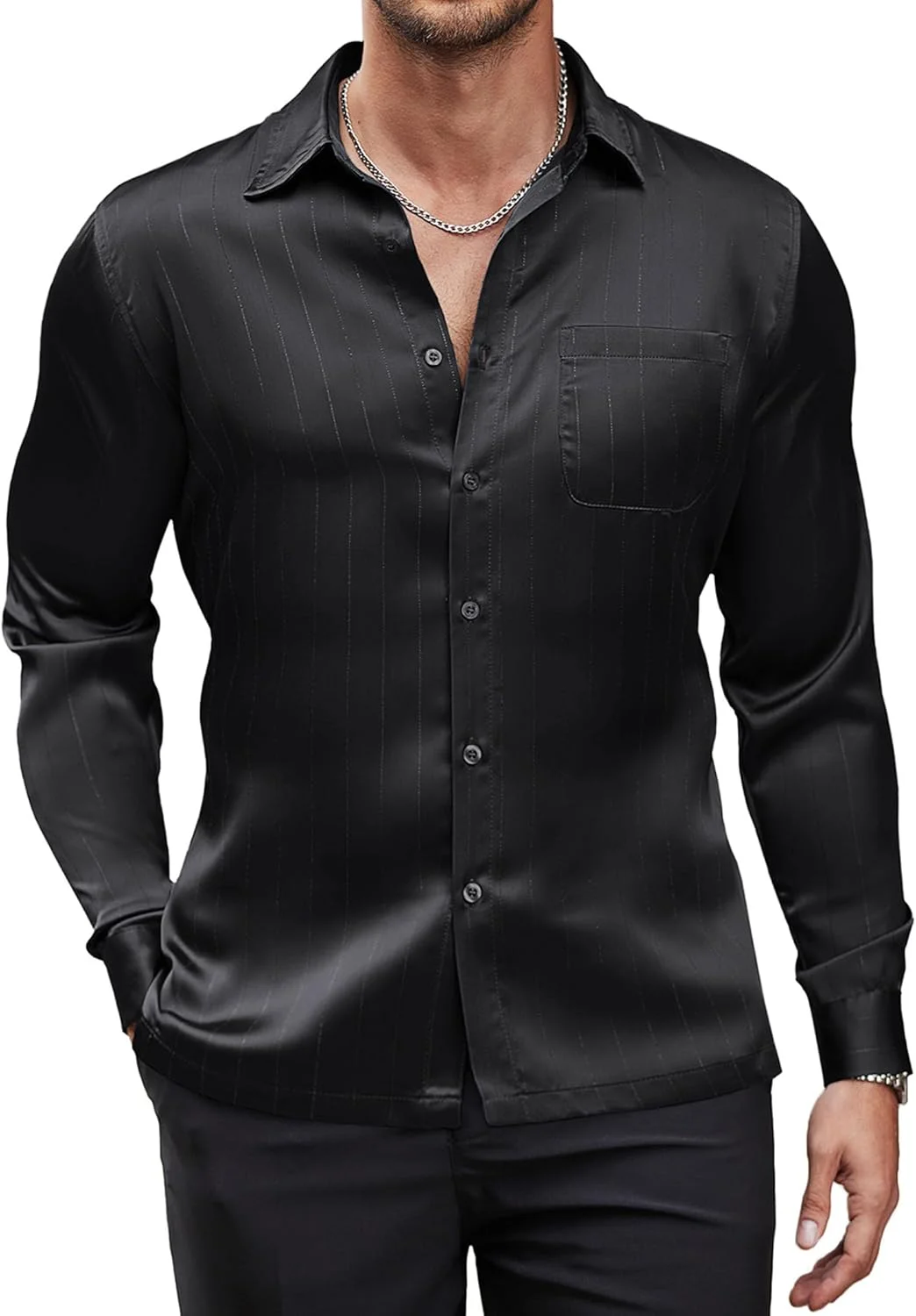 پیراهن مردانه COOFANDY آستین بلند لوکس، پیراهن ساتن ابریشمی، مدل Slim Fit (مشکی، مدیوم)