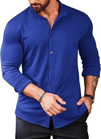 پیراهن مردانه آستین بلند دکمه دار کوفندی، پیراهن مجلسی، مدل Slim Fit، بدون چروک، آبی سلطنتی