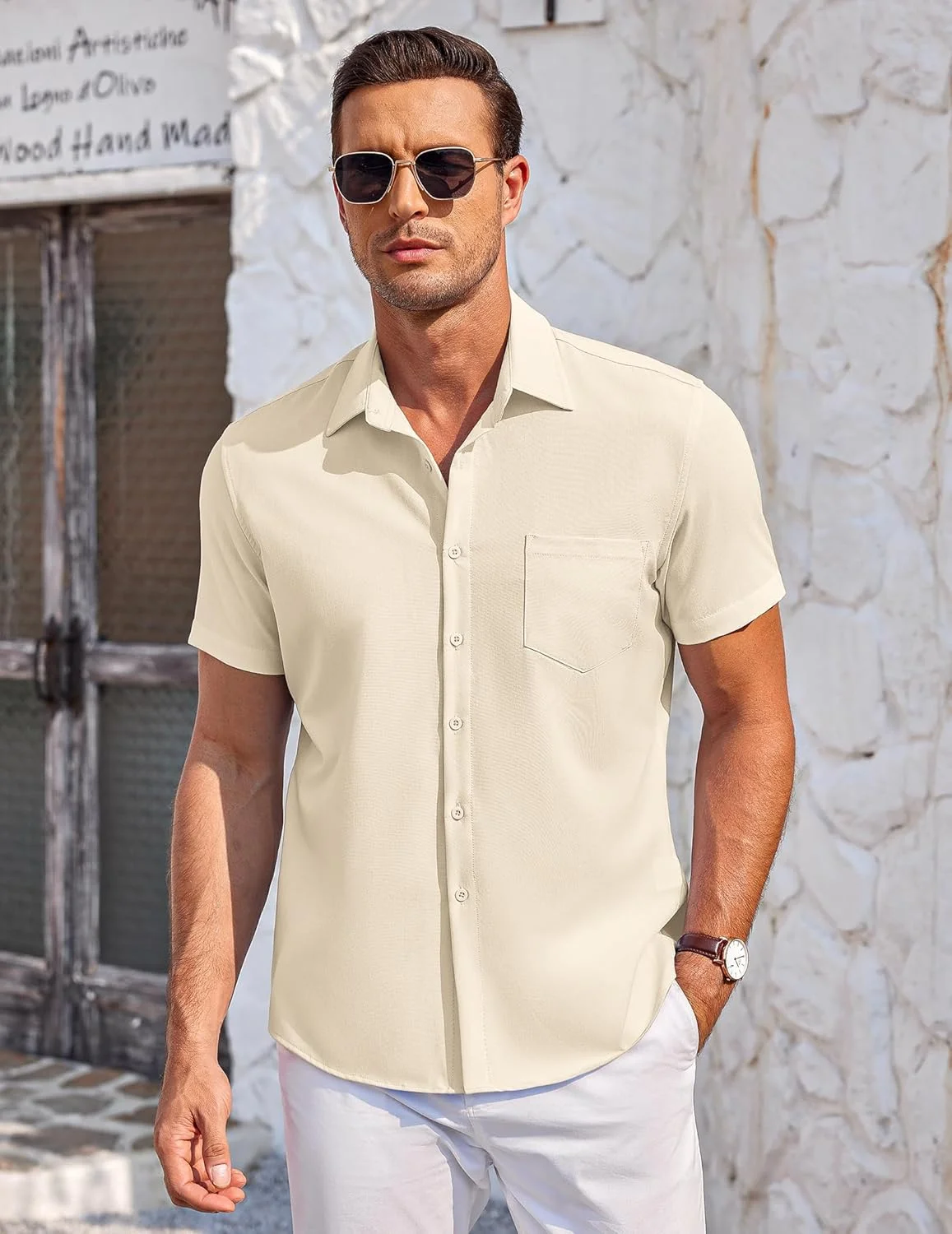 پیراهن مردانه آستین کوتاه دکمه دار COOFANDY، پیراهن های شیک و غیر رسمی تابستانی برای تعطیلات، بدون نیاز به داخل شلوار کردن - خاکی
