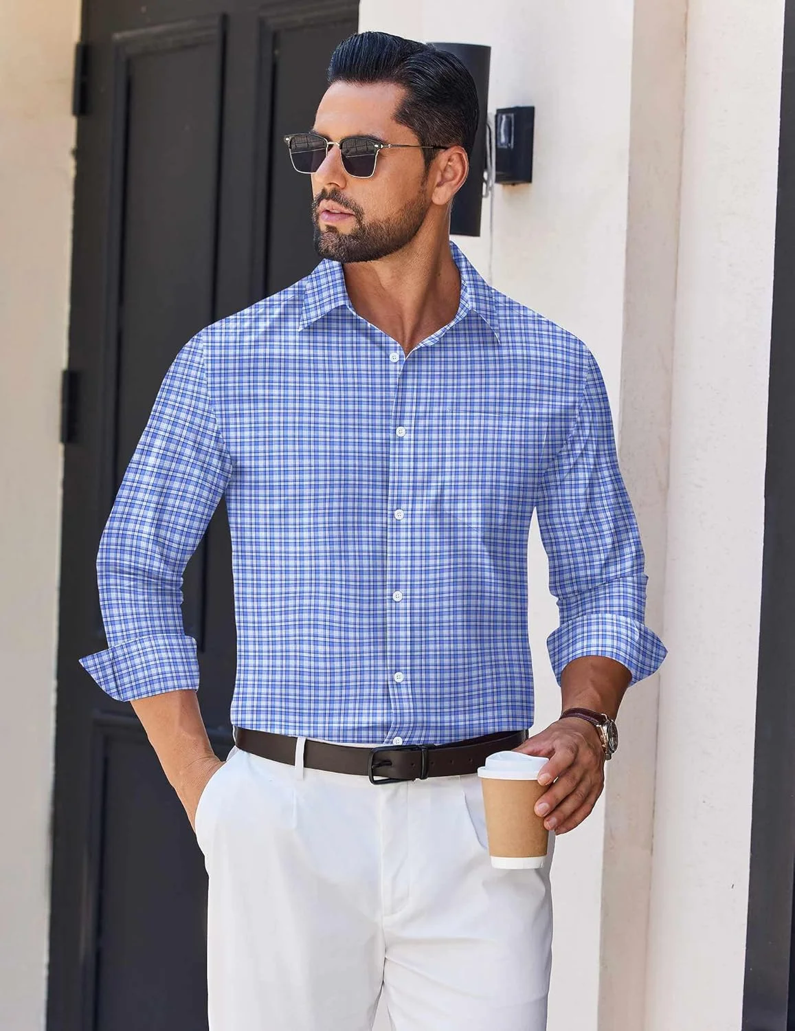 پیراهن مردانه کوفندی، آستین بلند، طرح چهارخانه، دکمه دار، نخی، بدون چروک، مناسب برای استایل رسمی و غیر رسمی