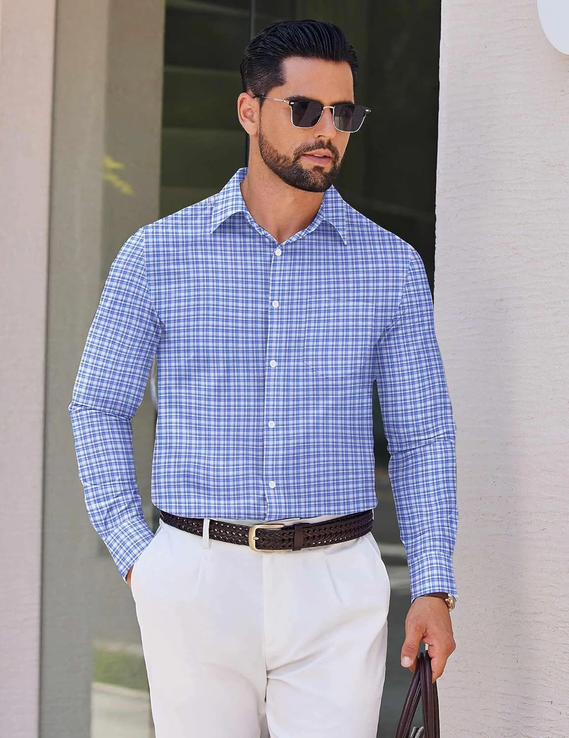 پیراهن مردانه کوفندی، آستین بلند، طرح چهارخانه، دکمه دار، نخی، بدون چروک، مناسب برای استایل رسمی و غیر رسمی