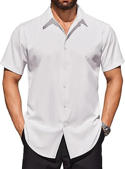 پیراهن مردانه COOFANDY، آستین کوتاه، دکمه دار، مدل Slim Fit، مناسب برای موقعیت های رسمی و غیر رسمی، سفید