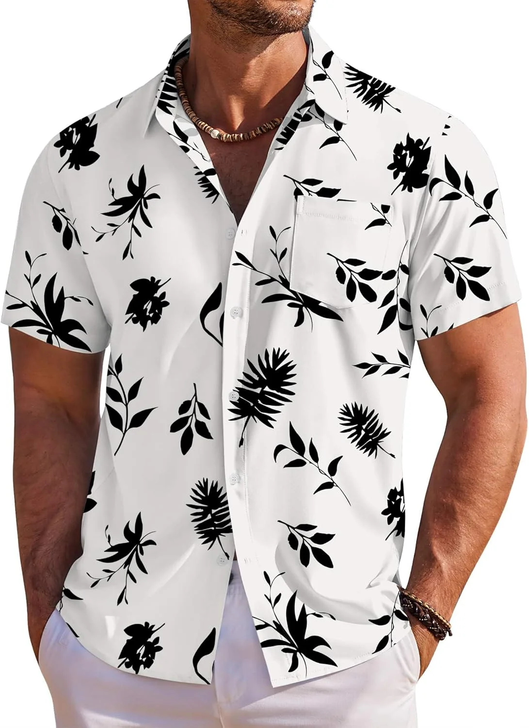COOFANDY Men's Hawaiian Shirt Short Sleeve Floral Button Down Shirts Tropical Holiday Beach Shirts, Off White - Leaf, XL