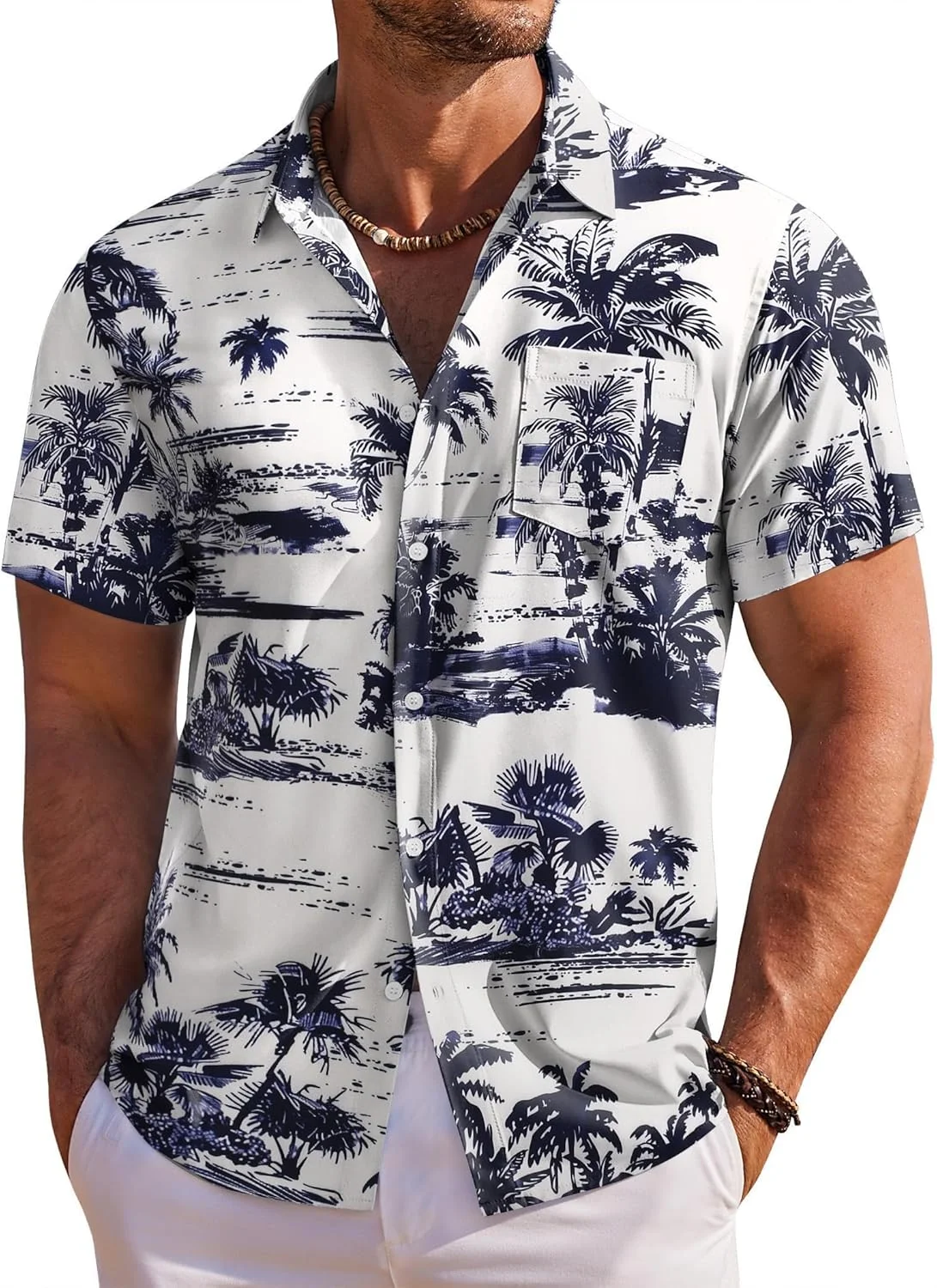 COOFANDY Men's Hawaiian Shirt Short Sleeve Floral Button Down Shirts Tropical Holiday Beach Shirts, Navy - Palm Tree, XXL