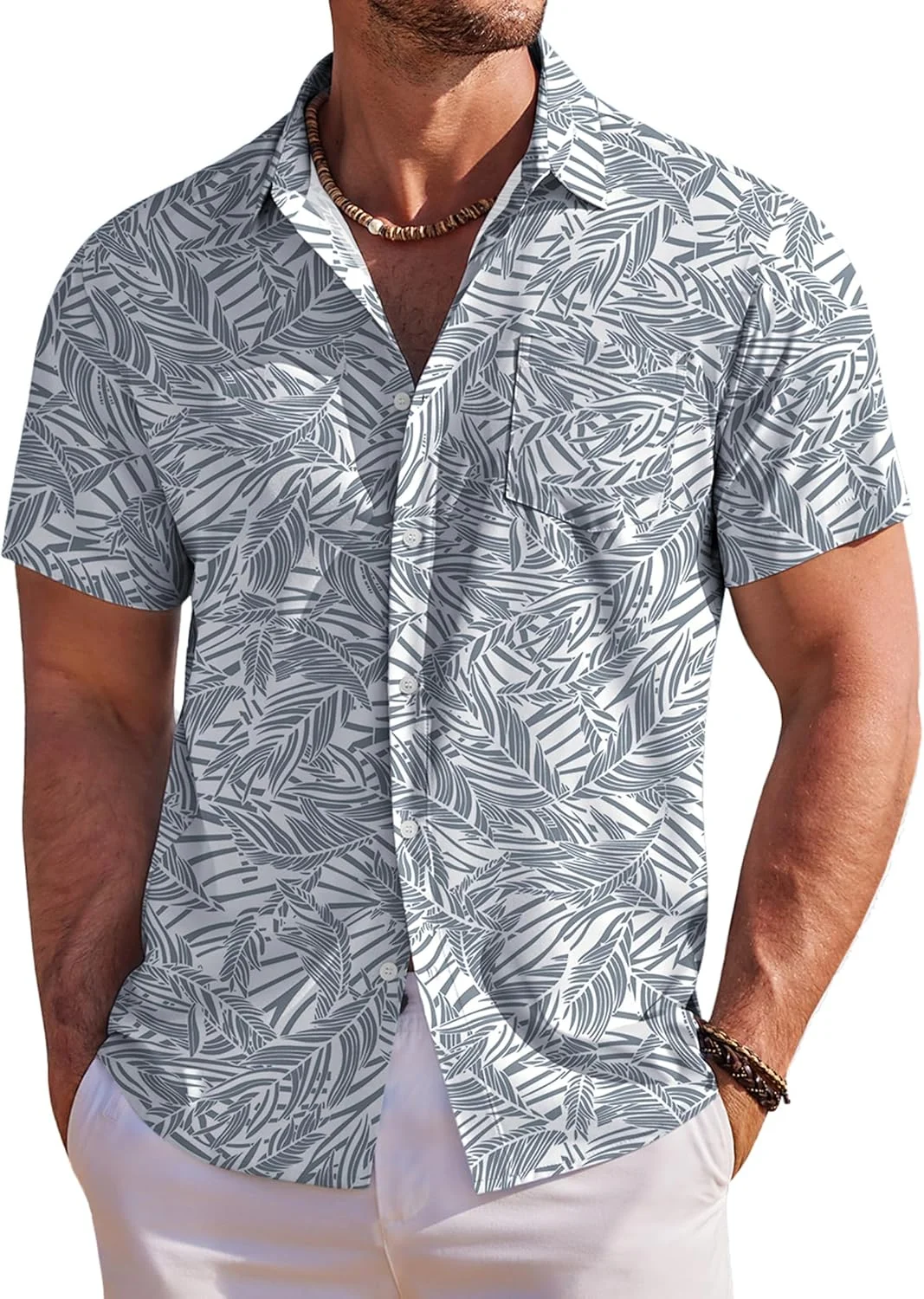 COOFANDY Men's Hawaiian Shirt Short Sleeve Floral Button Down Shirts Tropical Holiday Beach Shirts, Gray Blue & White- Leaf, S