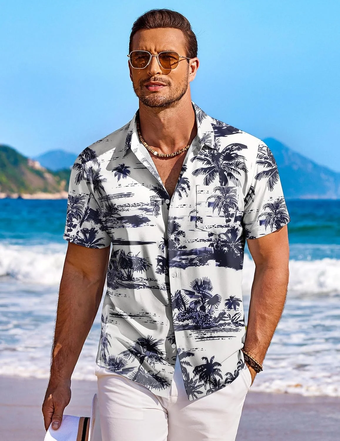 COOFANDY Men's Hawaiian Shirt Short Sleeve Floral Button Down Shirts Tropical Holiday Beach Shirts, Navy - Palm Tree, XXL