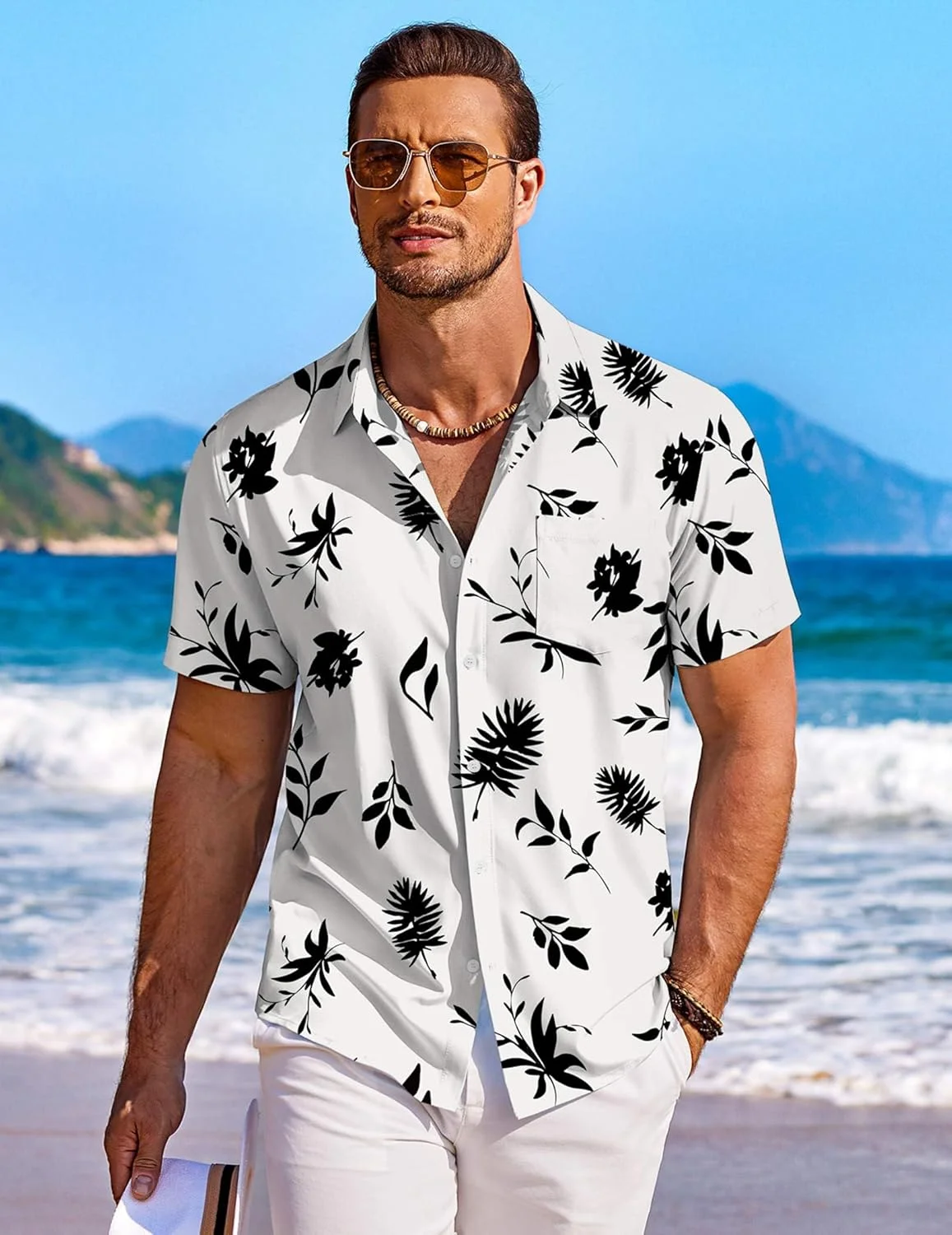 COOFANDY Men's Hawaiian Shirt Short Sleeve Floral Button Down Shirts Tropical Holiday Beach Shirts, Off White - Leaf, XL