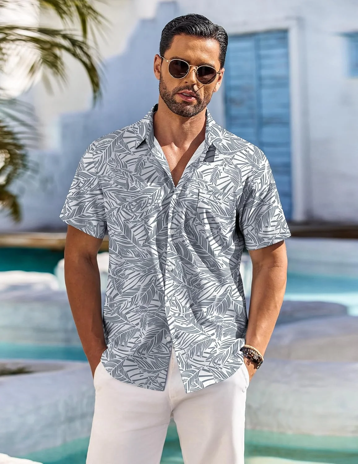COOFANDY Men's Hawaiian Shirt Short Sleeve Floral Button Down Shirts Tropical Holiday Beach Shirts, Gray Blue & White- Leaf, S COOFANDY Men's Hawaiian Shirt Short Sleeve Floral Button Down Shirts Tropical Holiday Beach Shirts, Gray Blue & White- Leaf, S