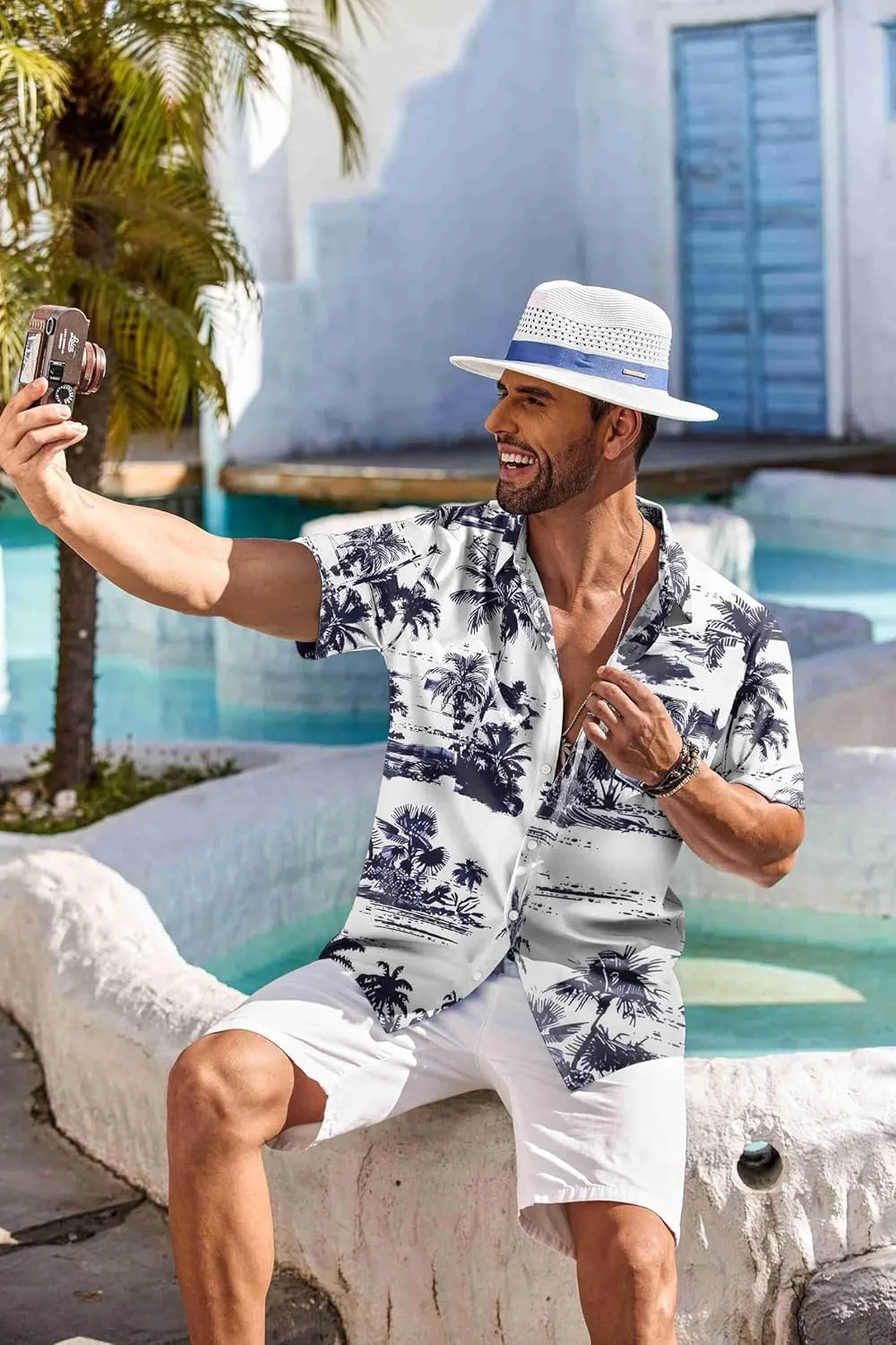 COOFANDY Men's Hawaiian Shirt Short Sleeve Floral Button Down Shirts Tropical Holiday Beach Shirts, Navy - Palm Tree, XXL