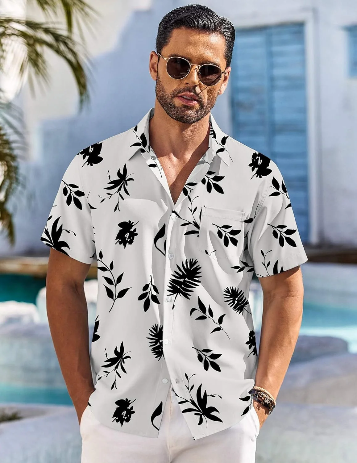 COOFANDY Men's Hawaiian Shirt Short Sleeve Floral Button Down Shirts Tropical Holiday Beach Shirts, Off White - Leaf, 3XL