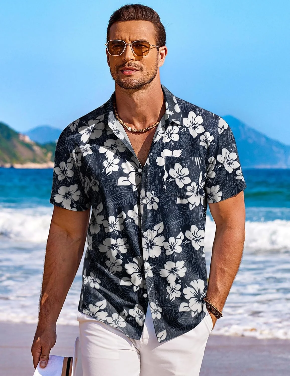 پیراهن هاوایی مردانه COOFANDY آستین کوتاه دکمه دار طرح گلدار مناسب تعطیلات و ساحل، سرمه ای و سفید - گل 2، XXL پیراهن هاوایی مردانه COOFANDY آستین کوتاه دکمه دار طرح گلدار مناسب تعطیلات و ساحل، سرمه ای و سفید - گل 2، XXL