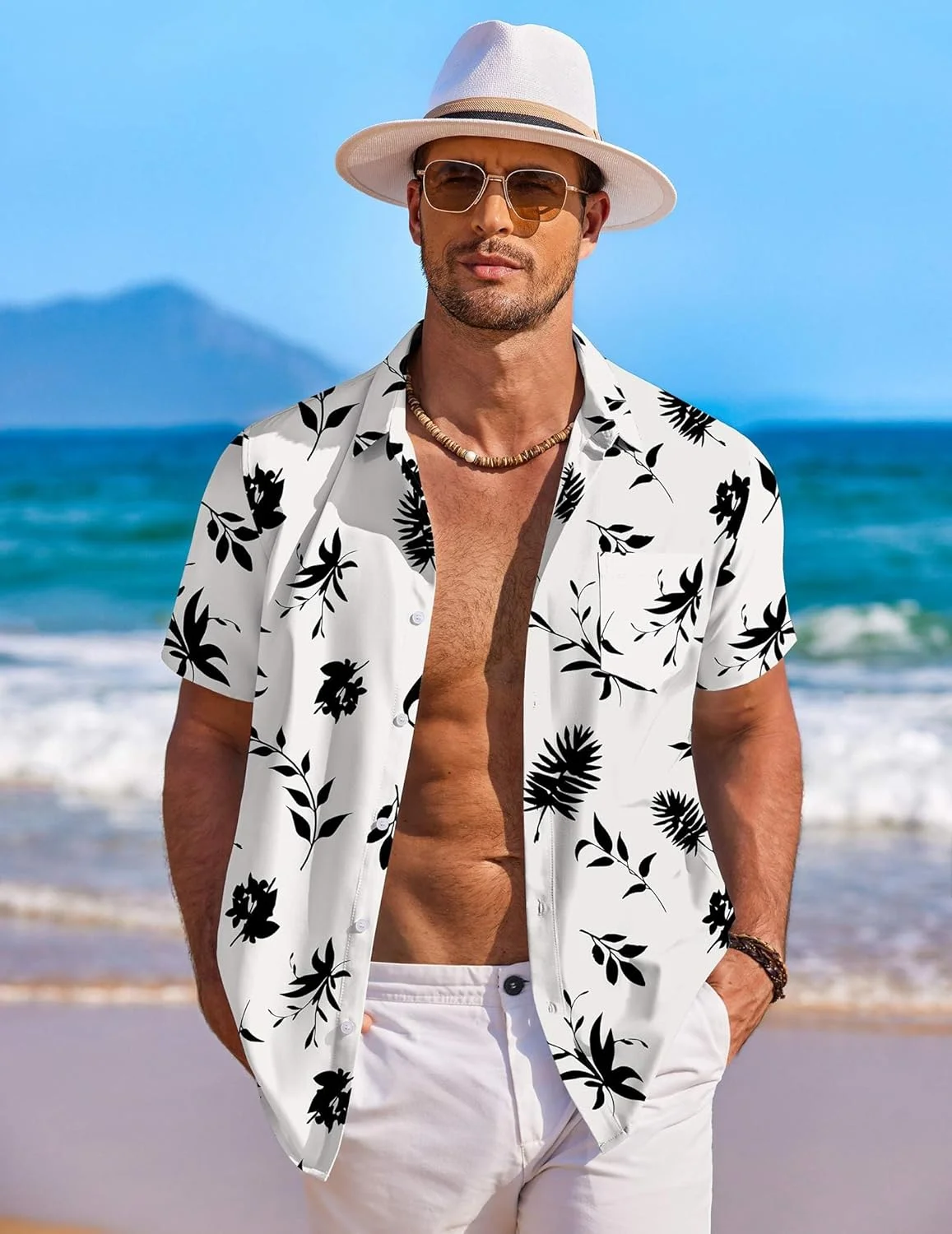 COOFANDY Men's Hawaiian Shirt Short Sleeve Floral Button Down Shirts Tropical Holiday Beach Shirts, Off White - Leaf, 3XL