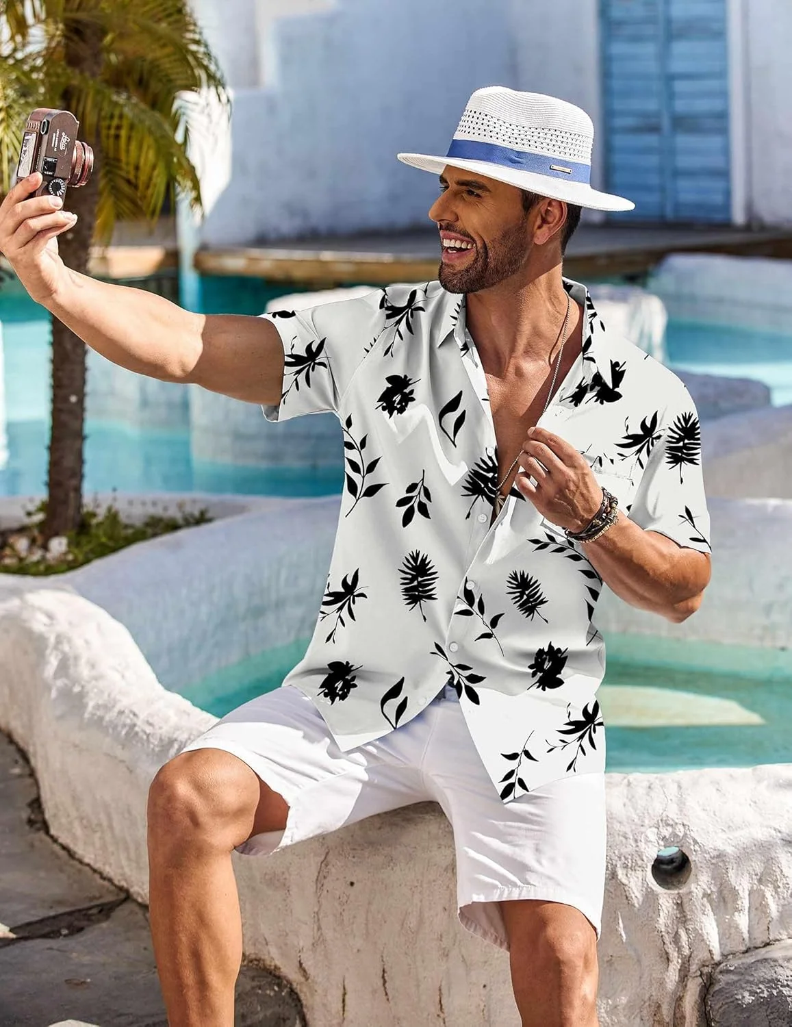 COOFANDY Men's Hawaiian Shirt Short Sleeve Floral Button Down Shirts Tropical Holiday Beach Shirts, Off White - Leaf, 3XL