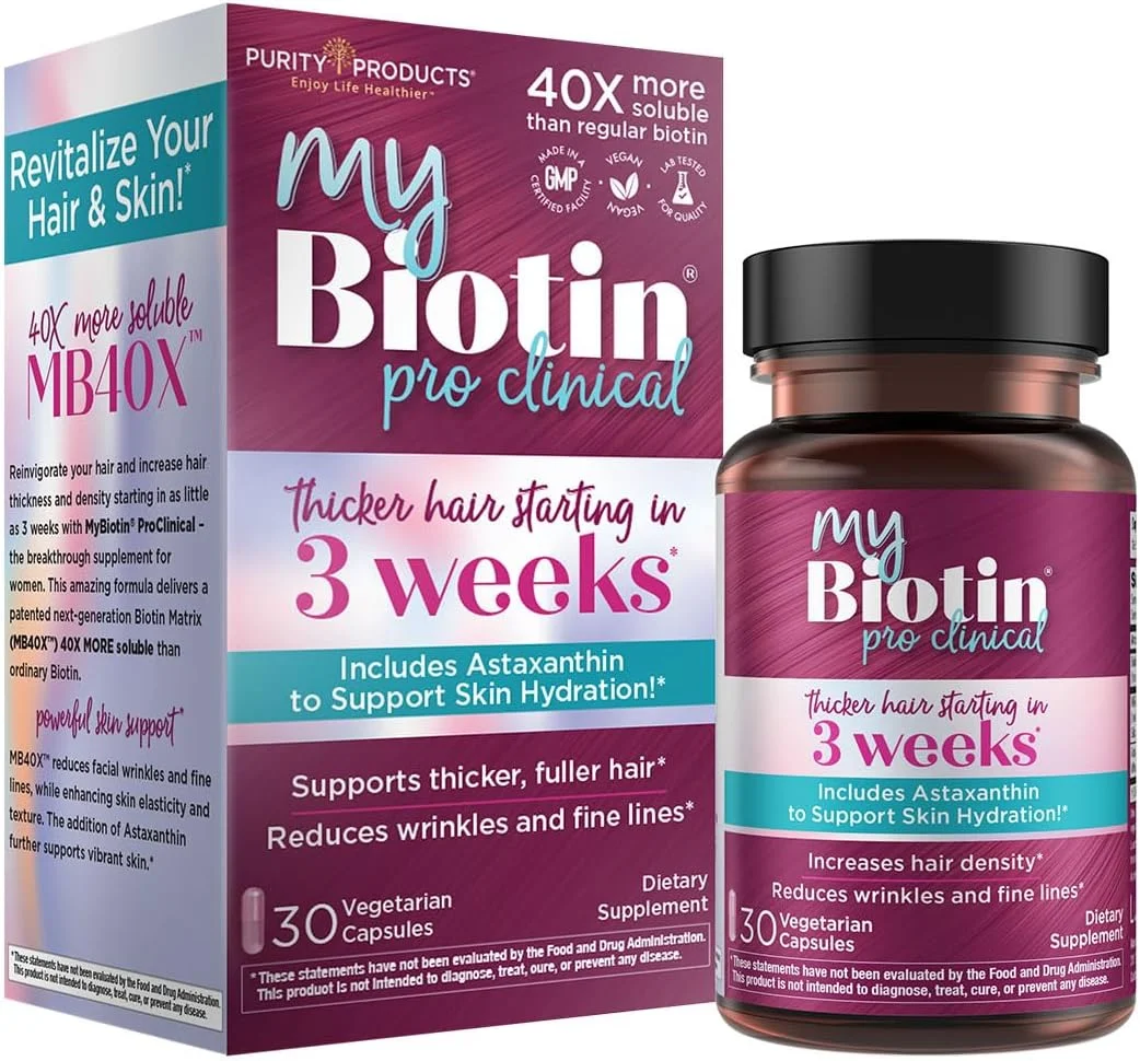 محصولات خالصی MyBiotin ProClinical – موهای ضخیم تر در 3 هفته و مبارزه با چین و چروک - ماتریکس بیوتین ثبت شده MB40X با آستاگزانتین - 40 برابر محلول تر در مقایسه با بیوتین معمولی – مو، پوست و ناخن - 30 کپسول گیاهی
