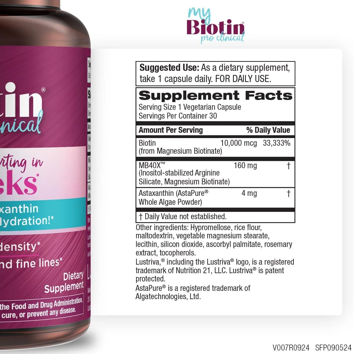 محصولات خالصی MyBiotin ProClinical – موهای ضخیم تر در 3 هفته و مبارزه با چین و چروک - ماتریکس بیوتین ثبت شده MB40X با آستاگزانتین - 40 برابر محلول تر در مقایسه با بیوتین معمولی – مو، پوست و ناخن - 30 کپسول گیاهی محصولات خالصی MyBiotin ProClinical – موهای ضخیم تر در 3 هفته و مبارزه با چین و چروک - ماتریکس بیوتین ثبت شده MB40X با آستاگزانتین - 40 برابر محلول تر در مقایسه با بیوتین معمولی – مو، پوست و ناخن - 30 کپسول گیاهی