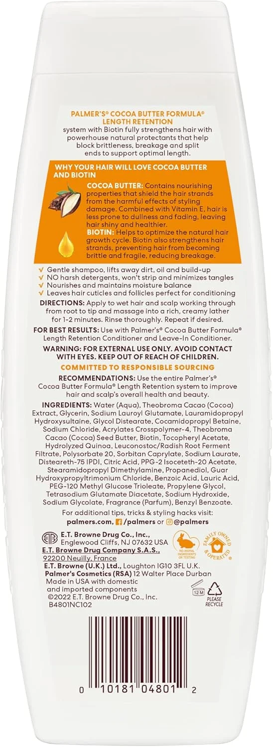 شامپو تقویت کننده و افزایش طول مو حاوی کره کاکائو و بیوتین پالمرز - حاوی ویتامین E - پاک کننده ملایم - تقویت کننده مو - کاهش گره خوردگی - حفظ رطوبت - فاقد سولفات، سیلیکون، پارابن و روغن معدنی - 400 میلی لیتر شامپو تقویت کننده و افزایش طول مو حاوی کره کاکائو و بیوتین پالمرز - حاوی ویتامین E - پاک کننده ملایم - تقویت کننده مو - کاهش گره خوردگی - حفظ رطوبت - فاقد سولفات، سیلیکون، پارابن و روغن معدنی - 400 میلی لیتر