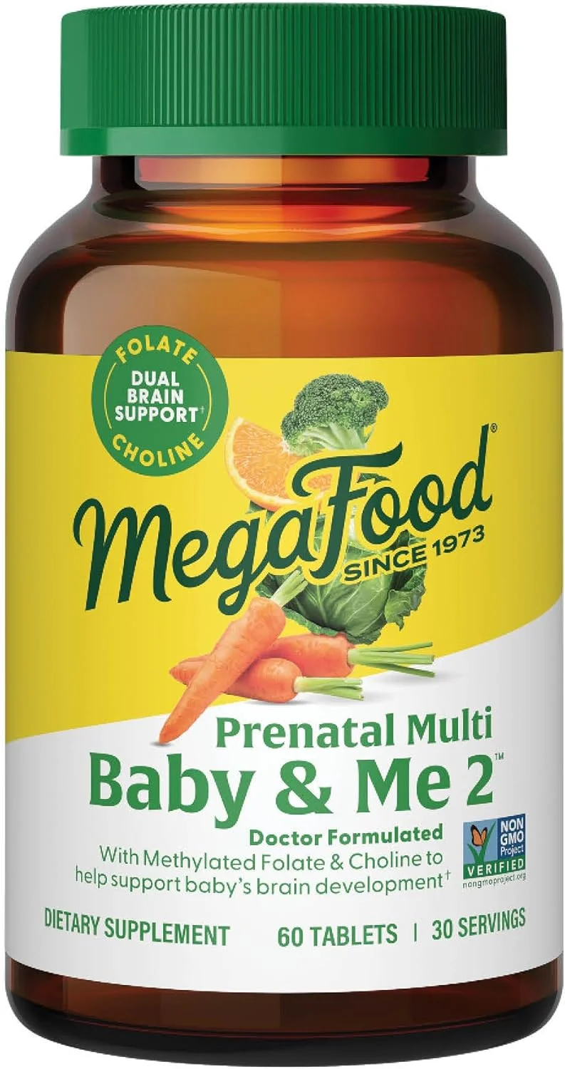مولتی ویتامین دوران بارداری MegaFood Baby & Me 2 - ویتامین های دوران بارداری برای مادر و رشد جنین - فرموله شده توسط پزشک با مواد مغذی ضروری مانند اسید فولیک، کولین، بیوتین و موارد دیگر - غیر GMO - 60 قرص (30 سروینگ)