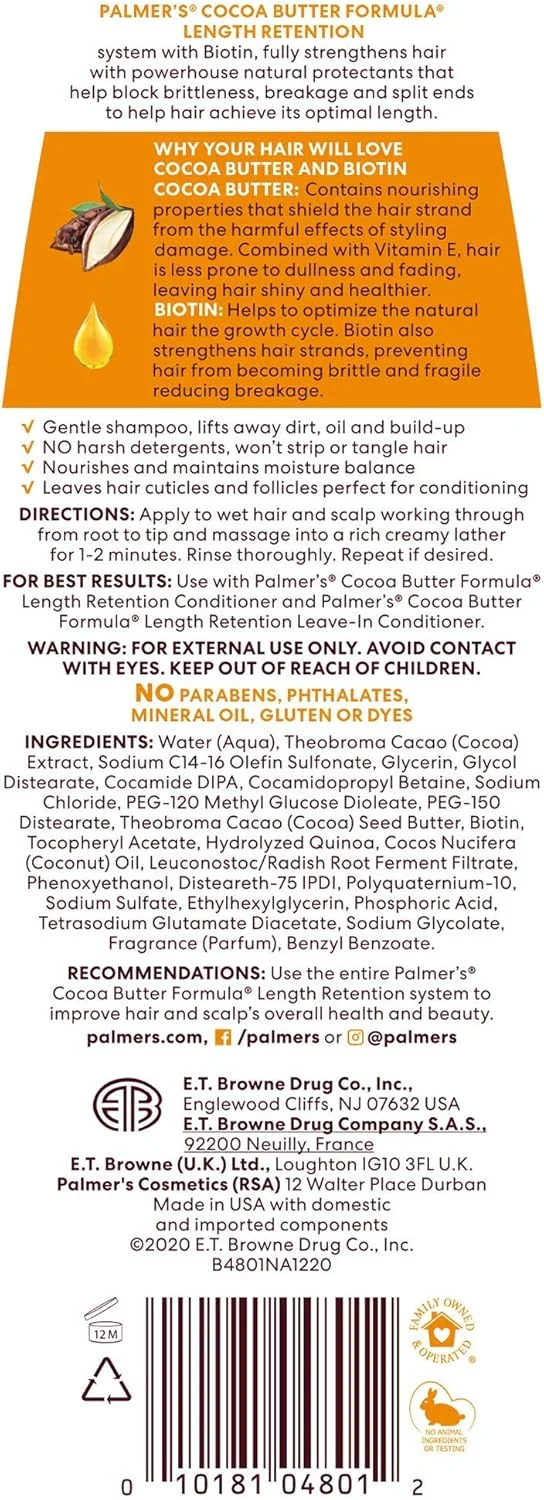 شامپو تقویت کننده و افزایش طول مو حاوی کره کاکائو و بیوتین پالمرز - حاوی ویتامین E - پاک کننده ملایم - تقویت کننده مو - کاهش گره خوردگی - حفظ رطوبت - فاقد سولفات، سیلیکون، پارابن و روغن معدنی - 400 میلی لیتر شامپو تقویت کننده و افزایش طول مو حاوی کره کاکائو و بیوتین پالمرز - حاوی ویتامین E - پاک کننده ملایم - تقویت کننده مو - کاهش گره خوردگی - حفظ رطوبت - فاقد سولفات، سیلیکون، پارابن و روغن معدنی - 400 میلی لیتر