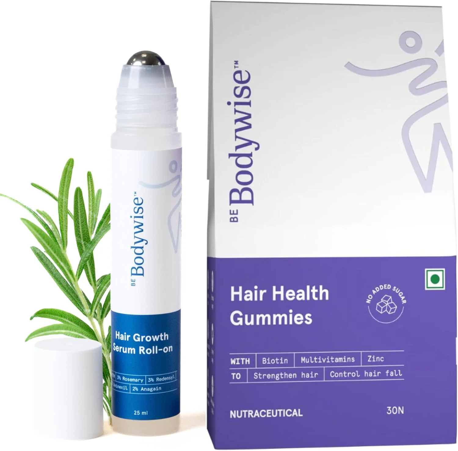 بی بادی وایز سرم رولی رشد مو حاوی رزماری 3% و آناگین 2% (25 میلی لیتر) و پاستیل های بیوتین (30 عدد) به همراه زینک، فیبر و مولتی ویتامین ها | برای ریزش و نازک شدن مو | موهای قوی تر و درخشان تر | بسته 30 روزه