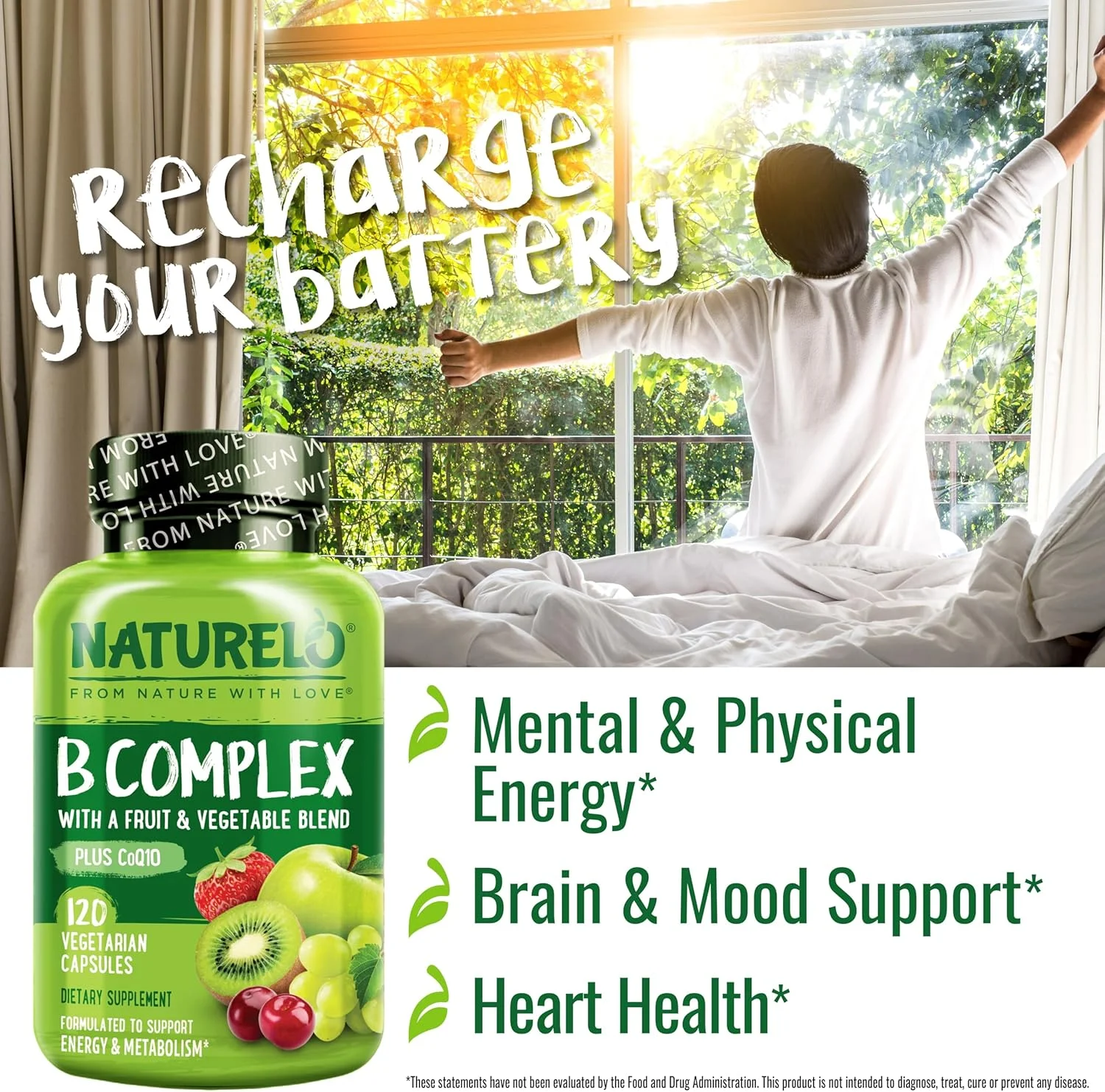 کمپلکس ویتامین B نیچرلُو - غذای کامل - حاوی ویتامین B6، فولات، B12، بیوتین - وگان - گیاهخواری - بهترین مکمل طبیعی برای انرژی و استرس - قدرت بالا - غیر GMO - بدون گلوتن - 120 کپسول