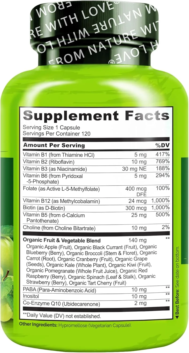 کمپلکس ویتامین B نیچرلُو - غذای کامل - حاوی ویتامین B6، فولات، B12، بیوتین - وگان - گیاهخواری - بهترین مکمل طبیعی برای انرژی و استرس - قدرت بالا - غیر GMO - بدون گلوتن - 120 کپسول