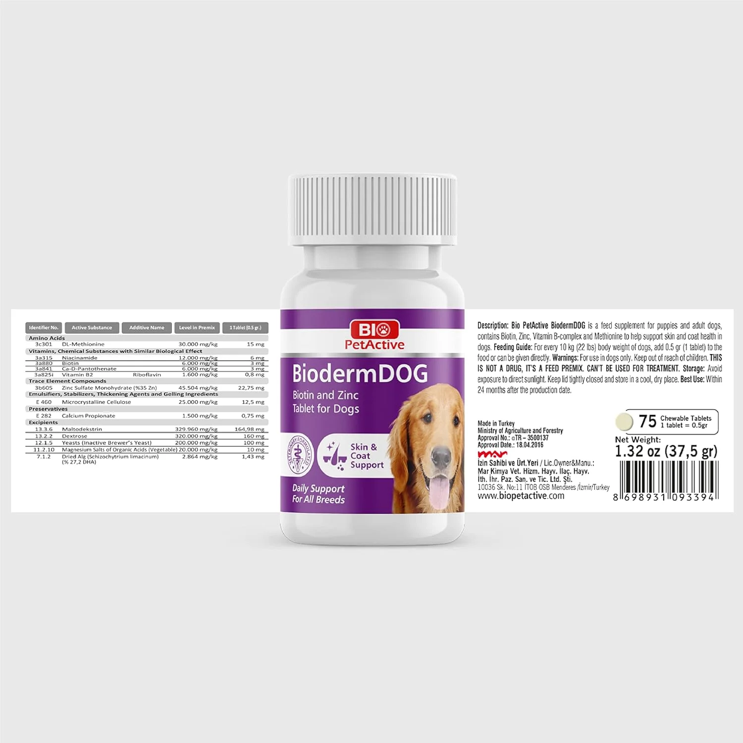 قرص بیوتین و زینک سگ بایو پت اکتیو بایودرم داگ 75 عددی قرص بیوتین و زینک سگ بایو پت اکتیو بایودرم داگ 75 عددی