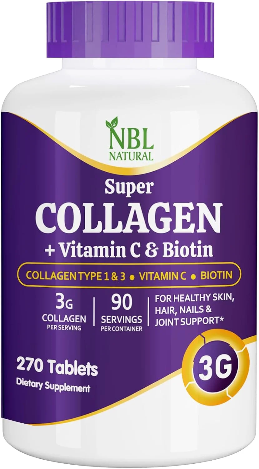 قرص کلاژن سوپر طبیعی NBL - 270 عدد - کلاژن نوع 1 و 3 با ویتامین C و بیوتین - 3 گرم در هر وعده - پشتیبانی از سلامت مو، پوست، ناخن و مفاصل - 90 وعده