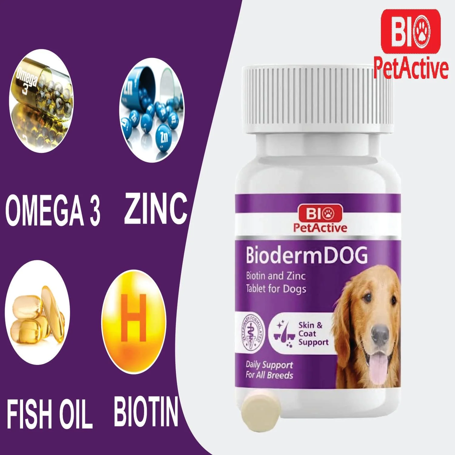 قرص بیوتین و زینک سگ بایو پت اکتیو بایودرم داگ 75 عددی قرص بیوتین و زینک سگ بایو پت اکتیو بایودرم داگ 75 عددی