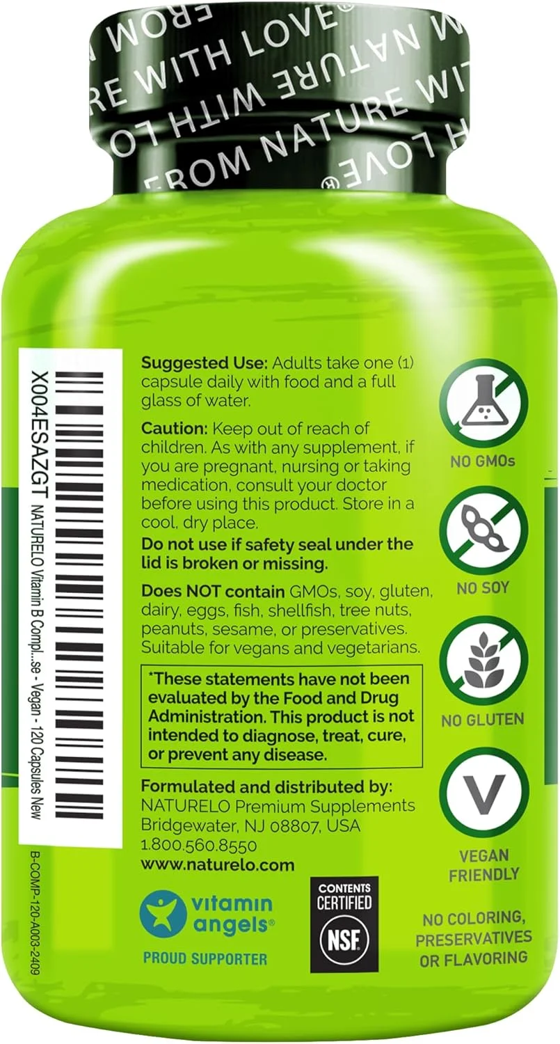 کمپلکس ویتامین B نیچرلُو - غذای کامل - حاوی ویتامین B6، فولات، B12، بیوتین - وگان - گیاهخواری - بهترین مکمل طبیعی برای انرژی و استرس - قدرت بالا - غیر GMO - بدون گلوتن - 120 کپسول