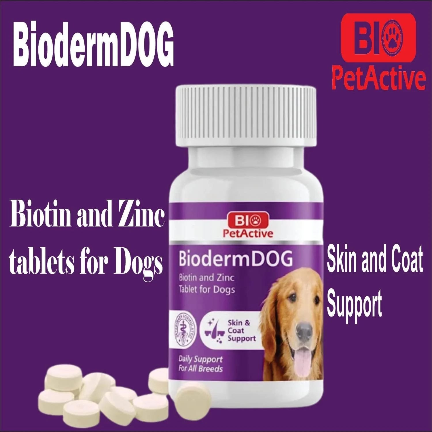 قرص بیوتین و زینک سگ بایو پت اکتیو بایودرم داگ 75 عددی قرص بیوتین و زینک سگ بایو پت اکتیو بایودرم داگ 75 عددی