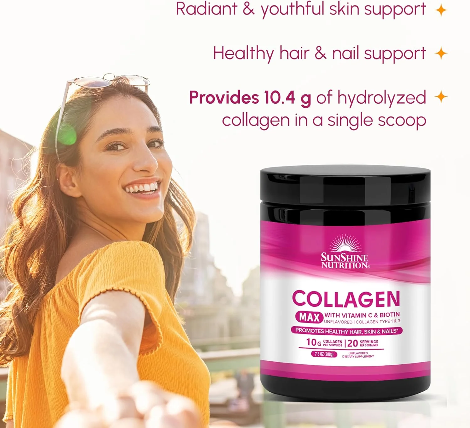 پودر کلاژن مکس سان شاین نوتریشن با ویتامین C و بیوتین | پشتیبانی از پوست درخشان و جوان | 208 گرم
