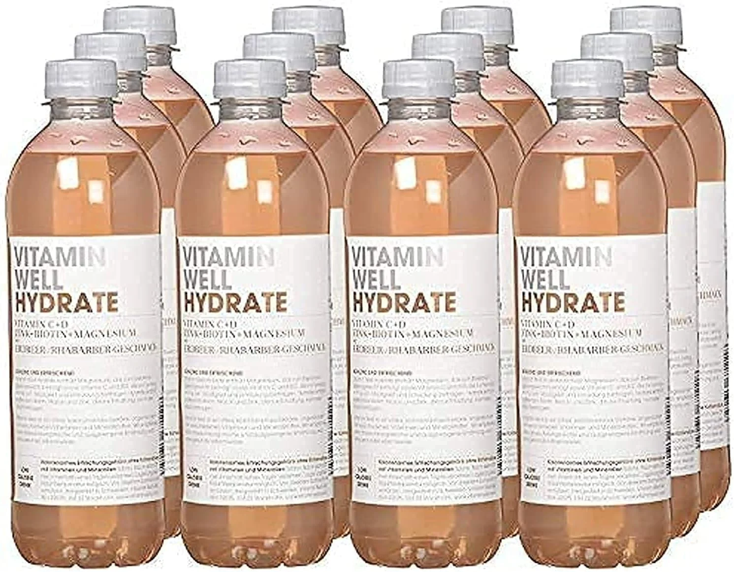 نوشیدنی ویتامین ول هایدرات با طعم ریواس و توت فرنگی، حاوی ویتامین C، D، زینک و بیوتین (بسته 12 عددی 500 میلی لیتری)