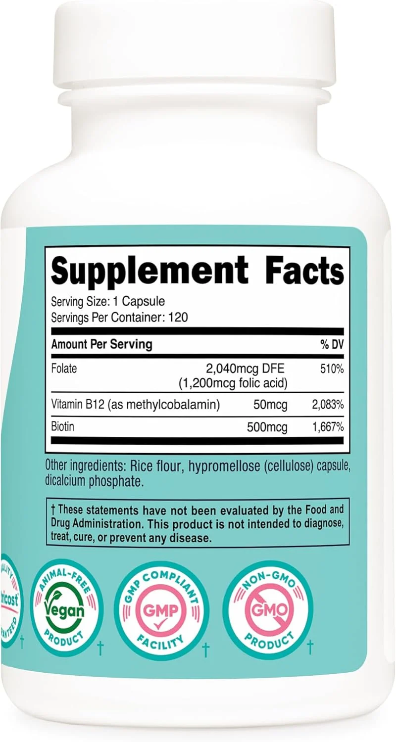 اسید فولیک نوتری‌کاست برای زنان (ویتامین B9) 1200 میکروگرم، 120 کپسول، حاوی B12 و بیوتین، کپسول گیاهی، غیر GMO و بدون گلوتن