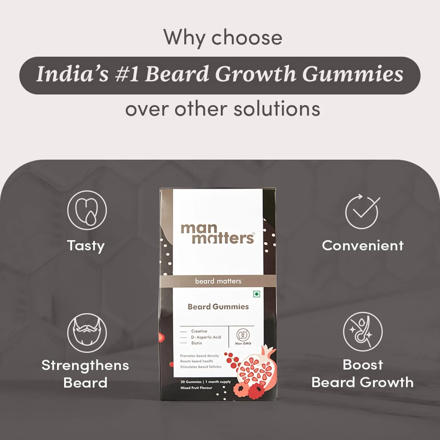 پاستیل تقویت ریش آقایان من matters | ضخیم کننده ریش، تحریک کننده فولیکول های ریش و بهبود تراکم ریش | بیوتین، دی-آسپارتیک اسید و کراتین | بدون ژلاتین، 100% گیاهی | 30 عدد