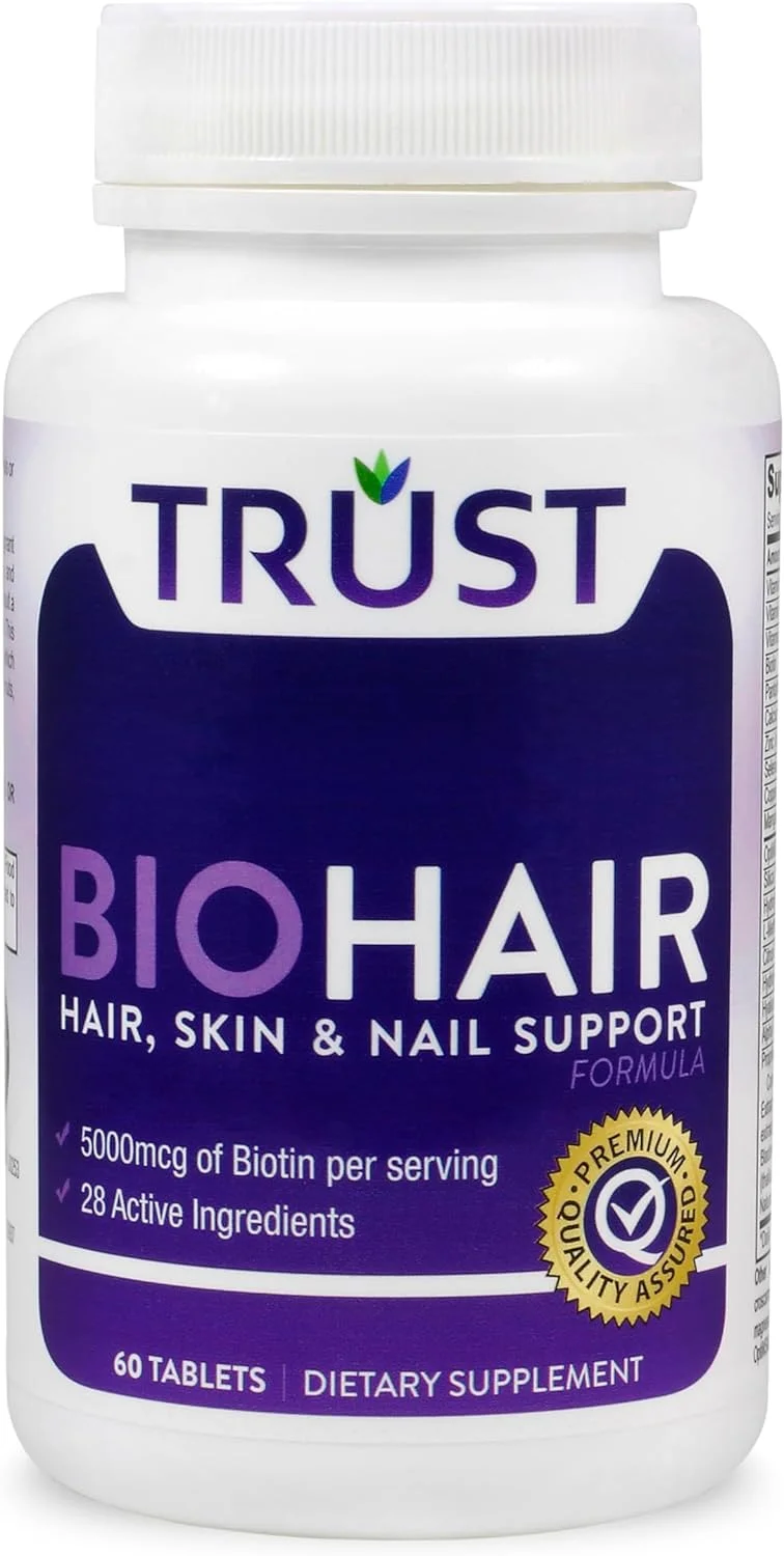 فرمول پشتیبانی از مو، پوست و ناخن تراست BioHair، 2500 میکروگرم بیوتین، کلاژن، کراتین و مولتی ویتامین، 60 قرص