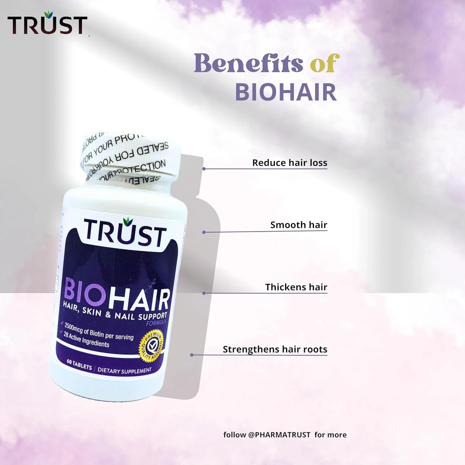 فرمول پشتیبانی از مو، پوست و ناخن تراست BioHair، 2500 میکروگرم بیوتین، کلاژن، کراتین و مولتی ویتامین، 60 قرص