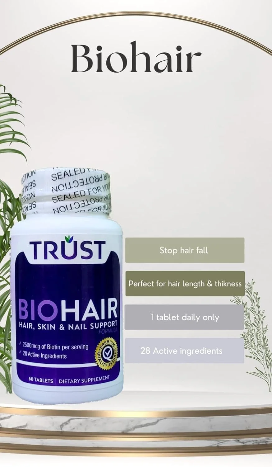 فرمول پشتیبانی از مو، پوست و ناخن تراست BioHair، 2500 میکروگرم بیوتین، کلاژن، کراتین و مولتی ویتامین، 60 قرص