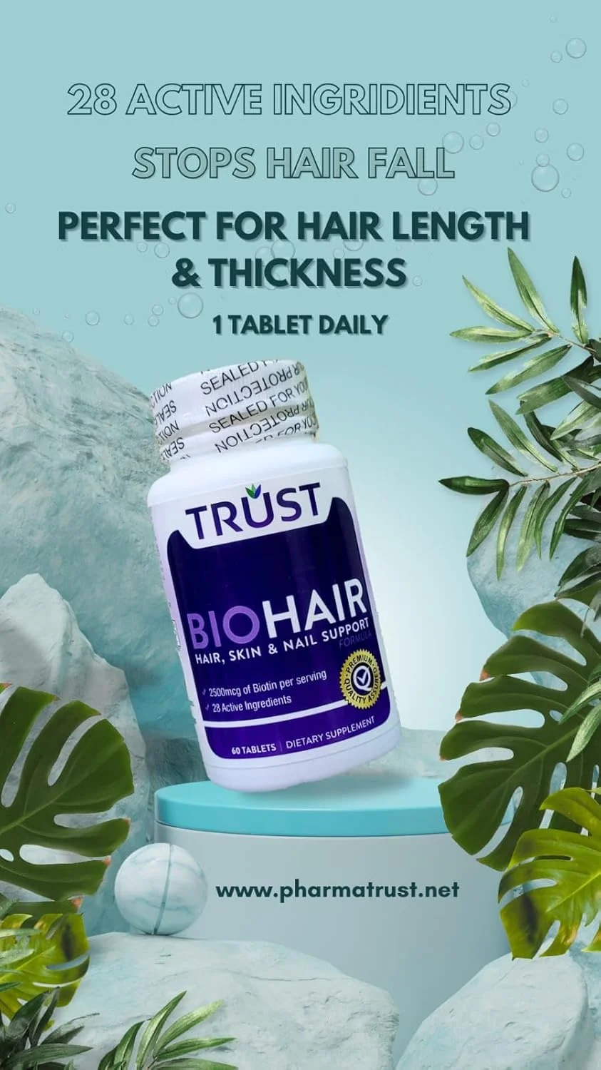 فرمول پشتیبانی از مو، پوست و ناخن تراست BioHair، 2500 میکروگرم بیوتین، کلاژن، کراتین و مولتی ویتامین، 60 قرص