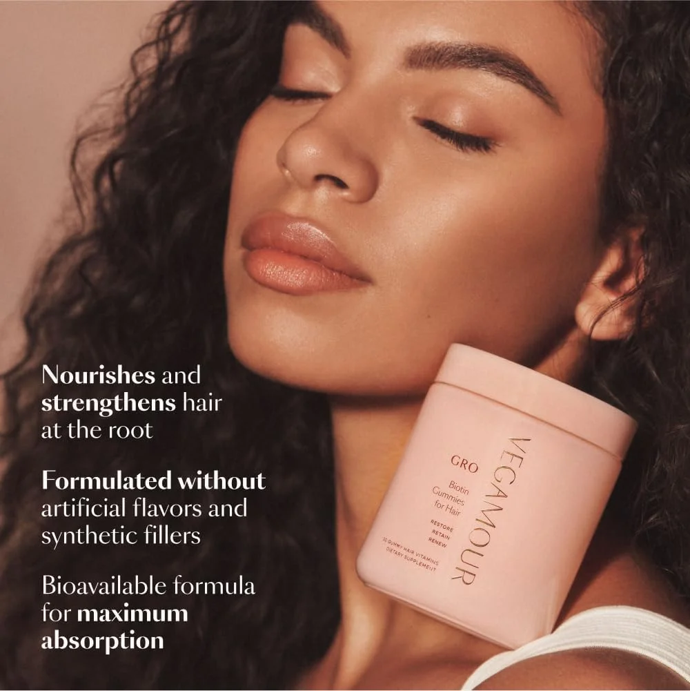 پاستیل های بیوتین VEGAMOUR GRO برای مو، طعم توت فرنگی، 30 عدد