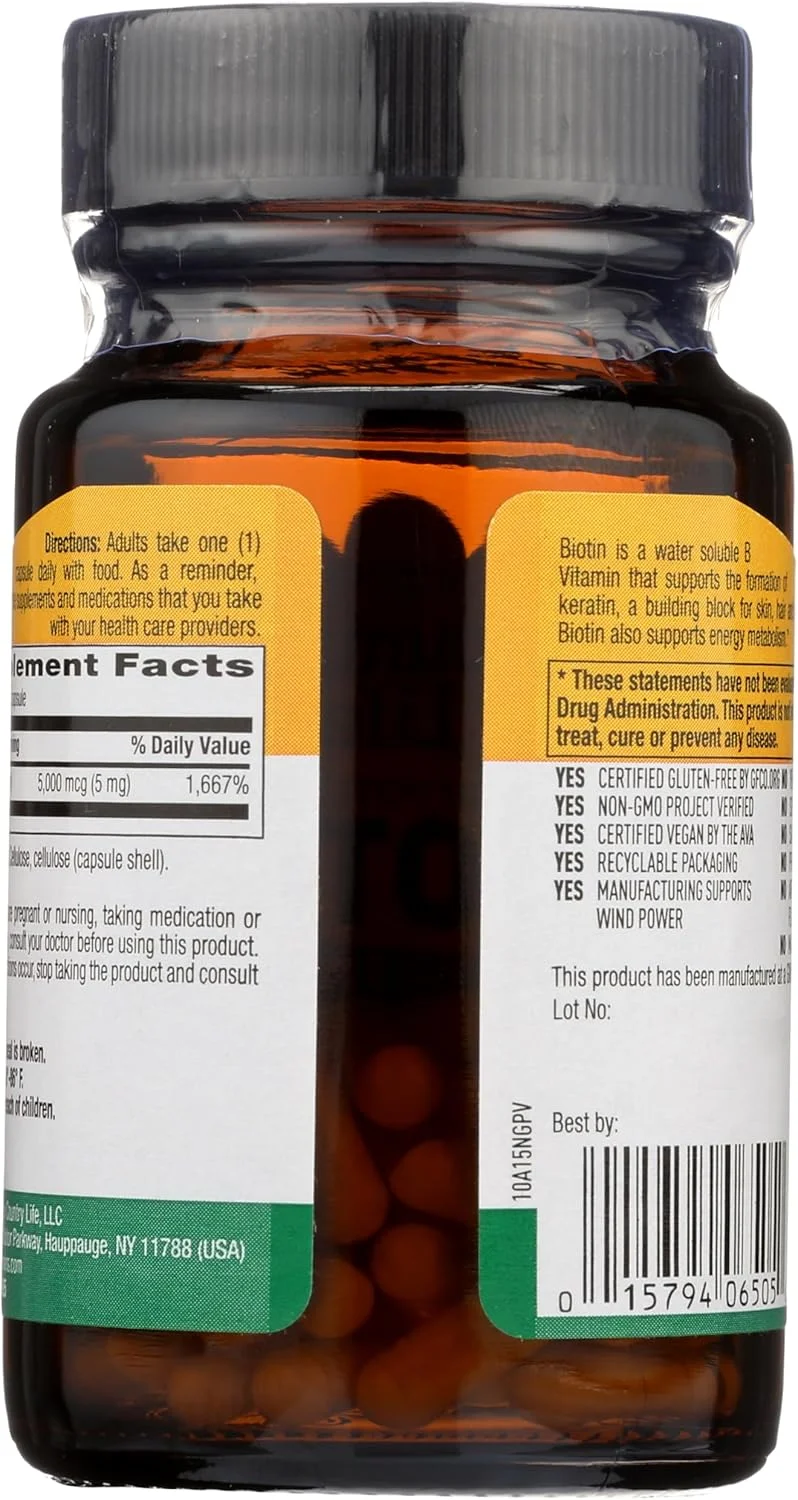 کپسول های بیوتین 5 میلی گرمی با قدرت بالا کانتری لایف، 60 عددی، مناسب گیاهخواران کپسول های بیوتین 5 میلی گرمی با قدرت بالا کانتری لایف، 60 عددی، مناسب گیاهخواران