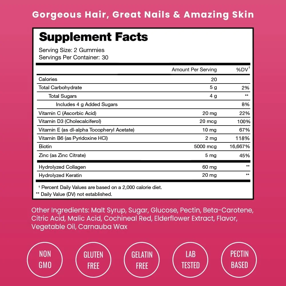 پاستیل های مو، پوست و ناخن NutraChamps، بیوتین با کلاژن و کراتین، کمپلکس زیبایی 5000 میکروگرم بیوتین، مکمل ویتامین، توت، 120 عدد، موهای سالم، پوست درخشان و ناخن های قوی (بسته 2 عددی)