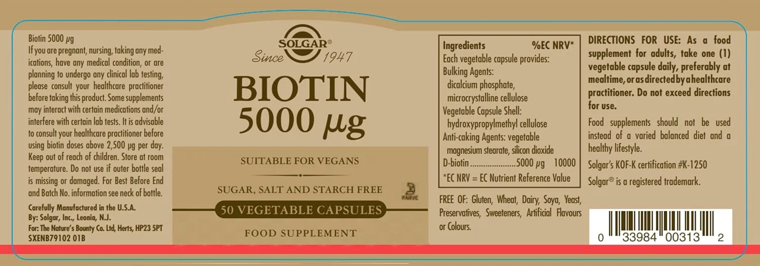Solgar Biotin 5000 μg | 50 Vegicaps | پشتیبانی از سلامت پوست، مو و ناخن | کمک به متابولیسم انرژی | وگان، غیر GMO